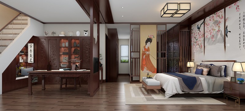 上海崇明自建独栋别墅500平新中式风格别墅卧室装修效果图