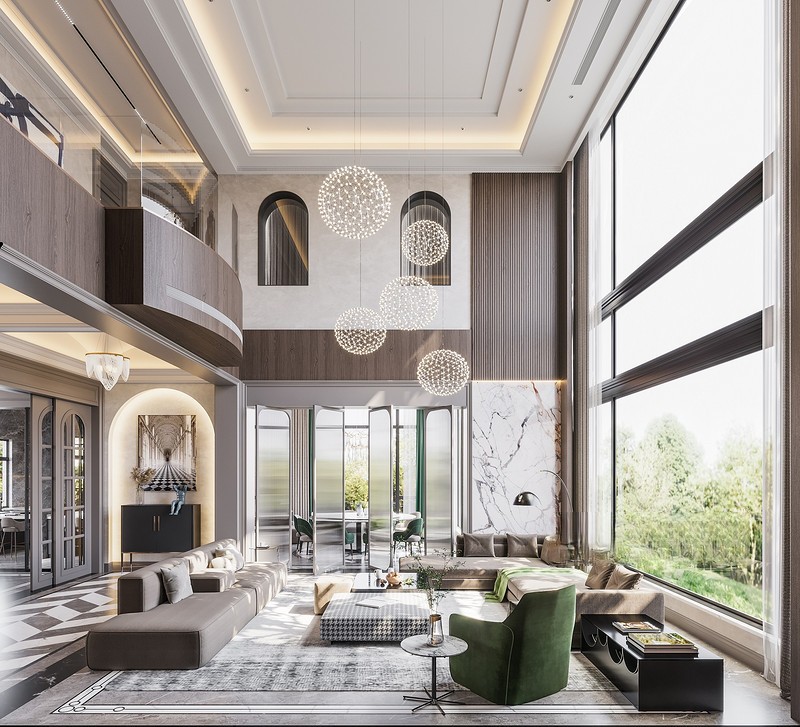 上海自建别墅1000平轻奢风格别墅客厅装修效果图