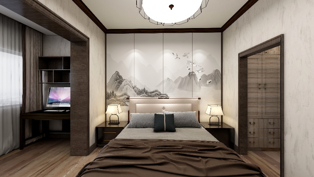 长宁区明欣公寓110新中式三室一厅卧室装修效果图