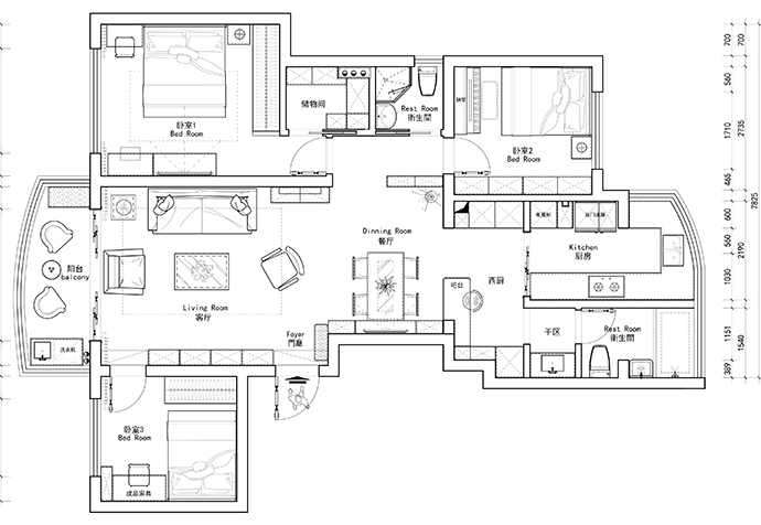 长宁区当代新华126平混搭风格公寓装修效果图