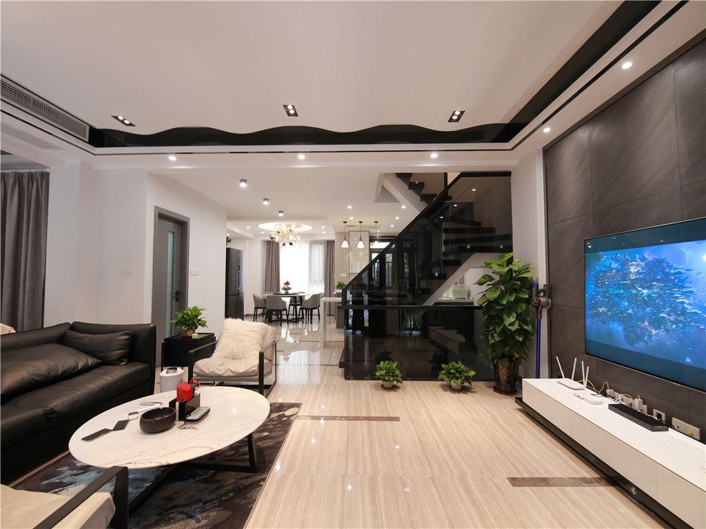 嘉定区远香湖一号230平现代轻奢风格独栋别墅客厅装修效果图
