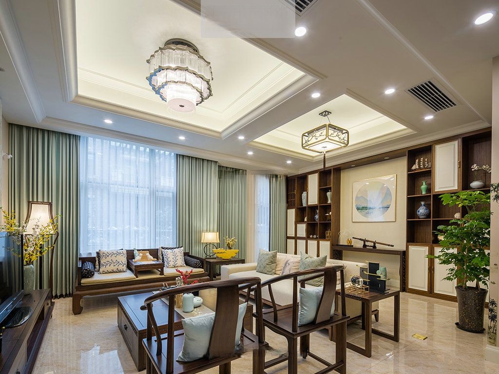 松江区贝尚湾300平新中式风格大平层客厅装修效果图
