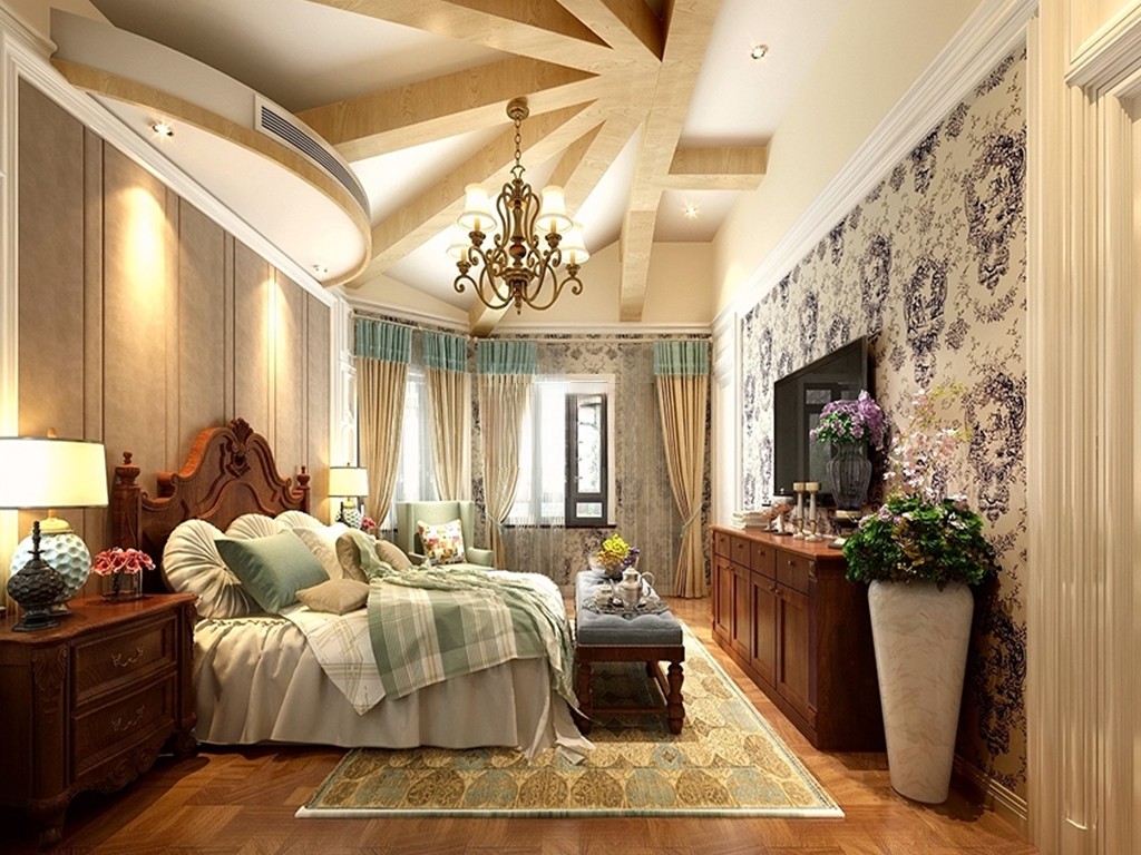 闵行区银都名墅320平美式风格联排别墅卧室装修效果图