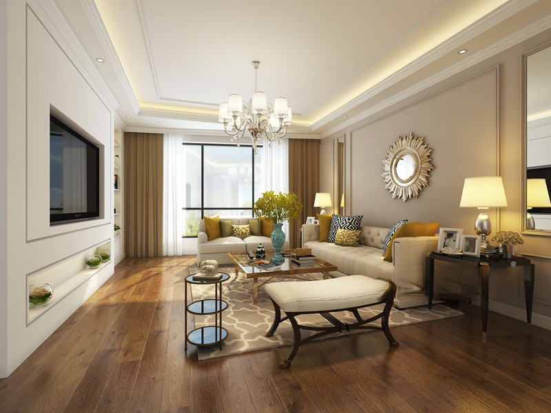 上海金洋十方庭140平美式风格三居室客厅装修效果图