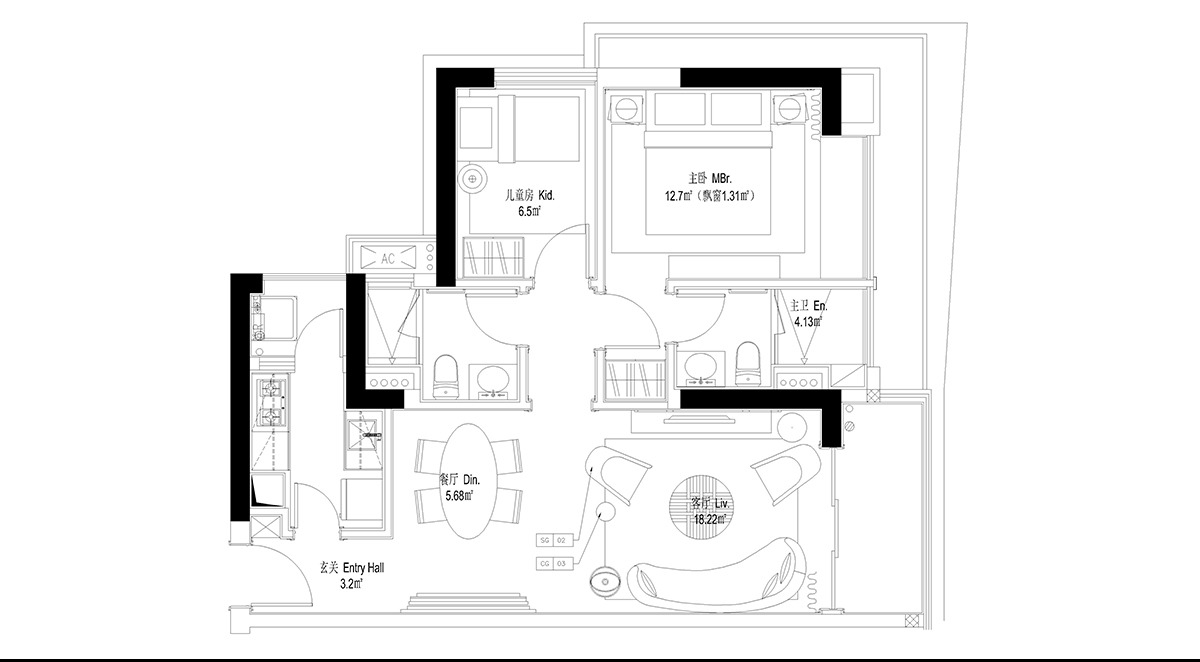 宝山区中环一号108平现代简约风格两室两厅装修效果图