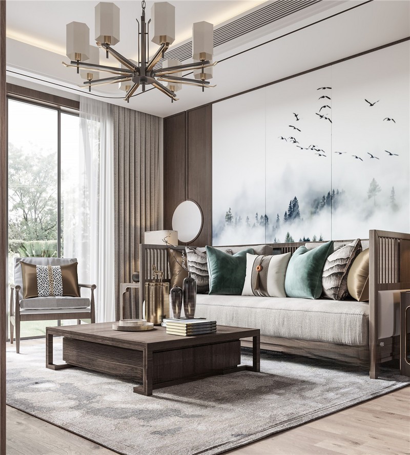 上海上海天籁湖畔240平新中式风格四居室客厅装修效果图
