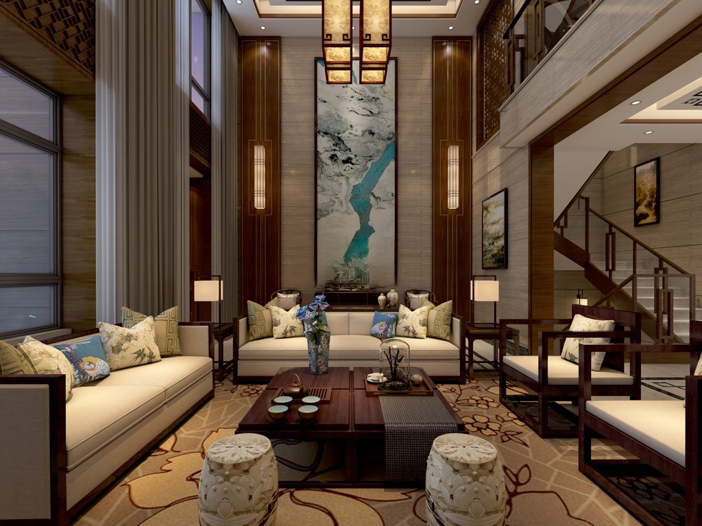 金山区450平新中式风格独栋别墅客厅装修效果图