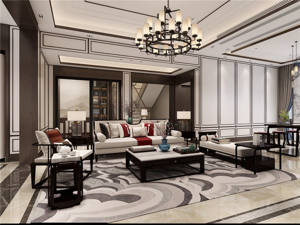 昆山苏园245平新中式风格独栋别墅客厅装修效果图