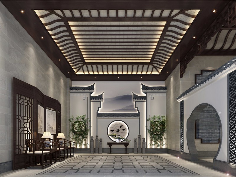 上海上海桃花源1200平新中式风格别墅客厅装修效果图