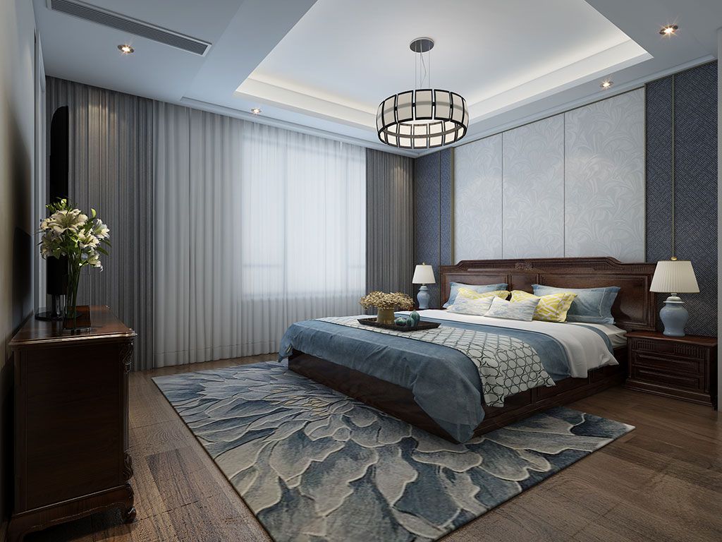青浦区融信铂湾300平新中式风格联排别墅卧室装修效果图