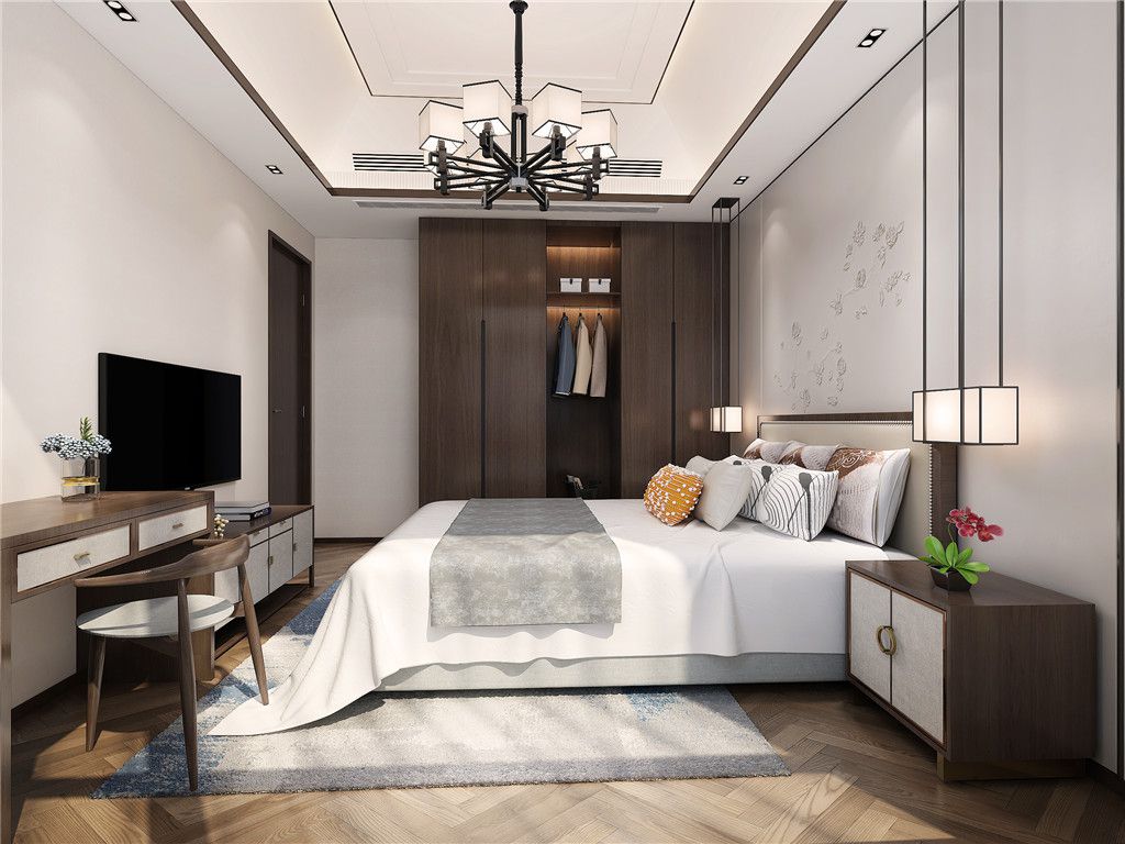 昆山苏园245平新中式风格独栋别墅卧室装修效果图