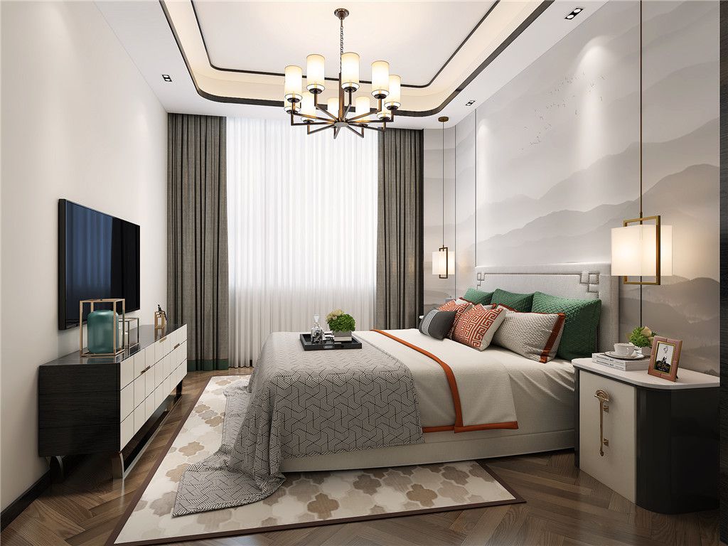 昆山苏园245平新中式风格独栋别墅卧室装修效果图