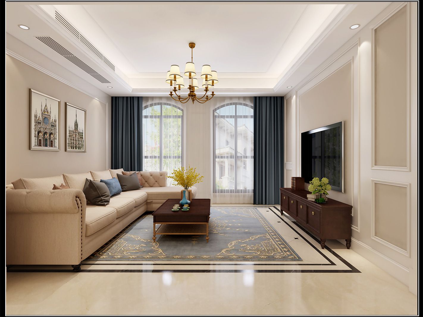 嘉定区中海翡翠500平美式风格独栋别墅客厅装修效果图