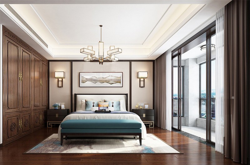 上海宝山云麓之城110平新中式风格三居室卧室装修效果图