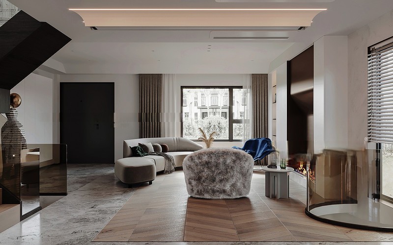 上海金地都会艺境211平现代简约风格复式客厅装修效果图