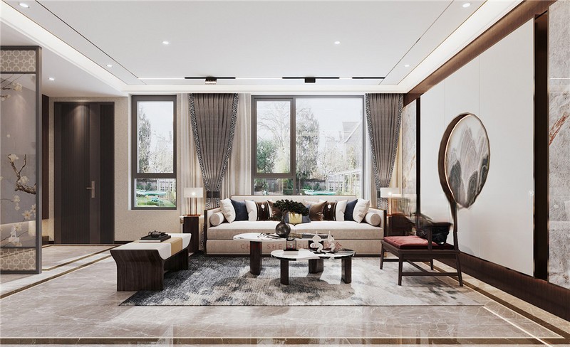 上海上海金地水悦堂180平新中式风格别墅客厅装修效果图