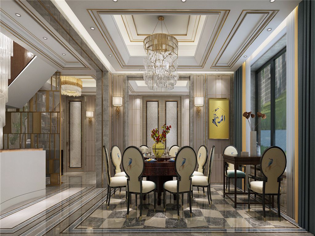 浦东夏宫600平新中式风格独栋别墅餐厅装修效果图