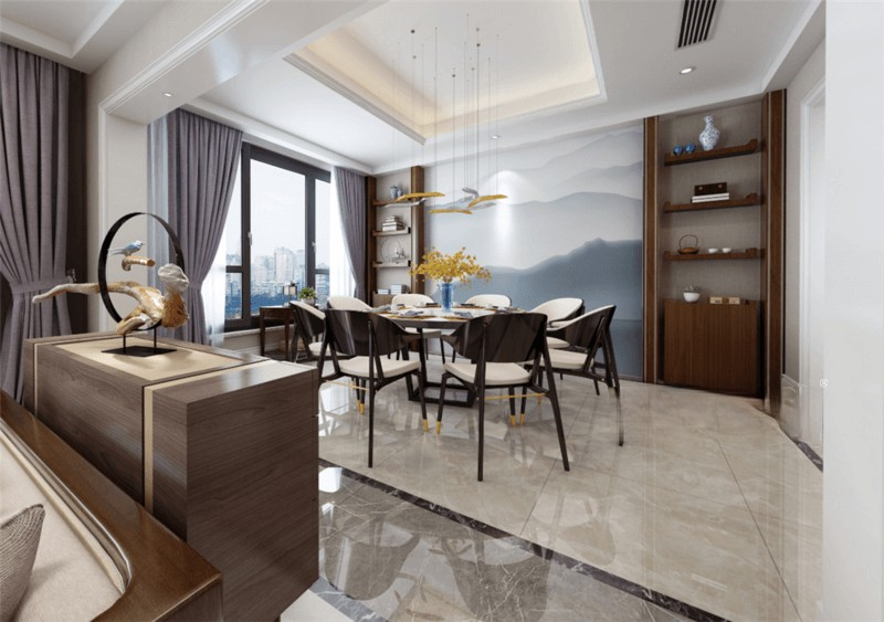上海金地天境380平新中式风格别墅餐厅装修效果图