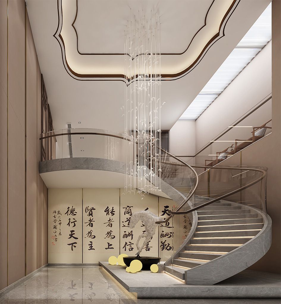 松江区合生广富汇530平新中式风格独栋别墅楼梯装修效果图
