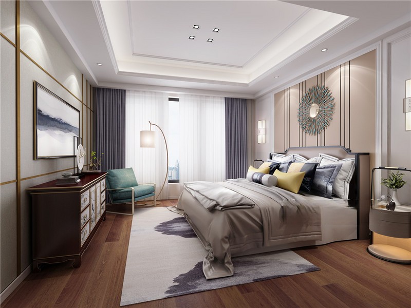 上海金地天境380平新中式风格别墅卧室装修效果图