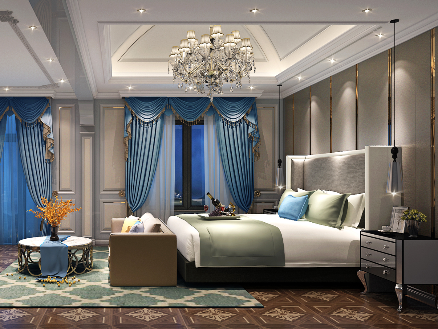 嘉定区华润中央公园620平美式风格独栋别墅卧室装修效果图