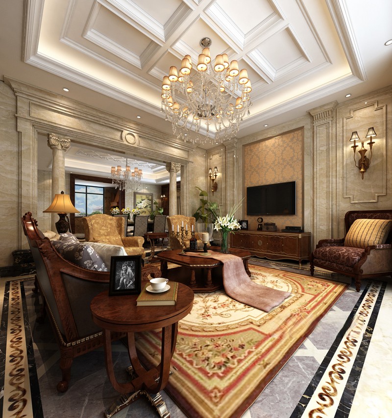 上海玫瑰里366平美式风格别墅客厅装修效果图