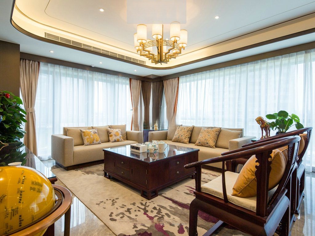 浦东万科翡翠滨江210平新中式风格大平层客厅装修效果图