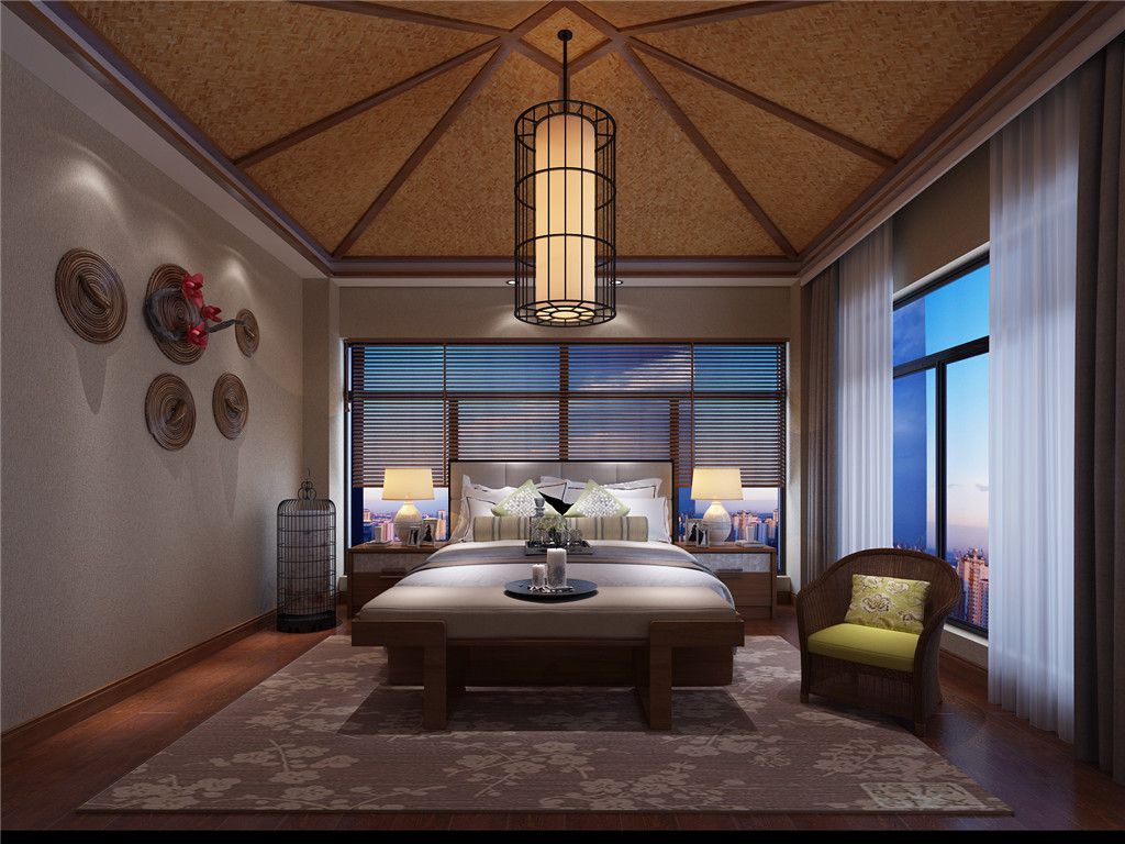 崇明区东平森林一号300平东南亚风格独栋别墅卧室装修效果图