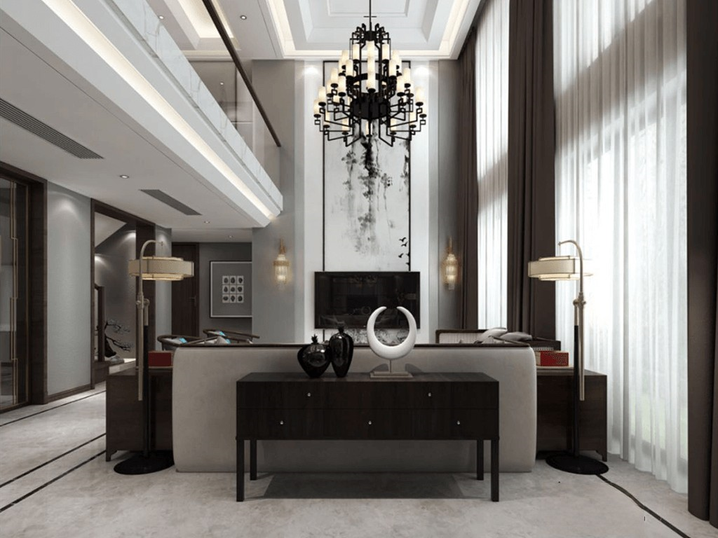 杨浦区橡树湾350平新中式风格叠加别墅客厅装修效果图