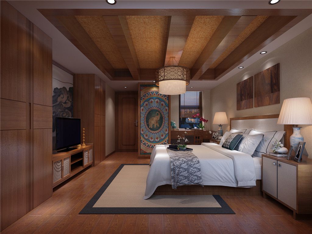 崇明区东平森林一号300平东南亚风格独栋别墅卧室装修效果图