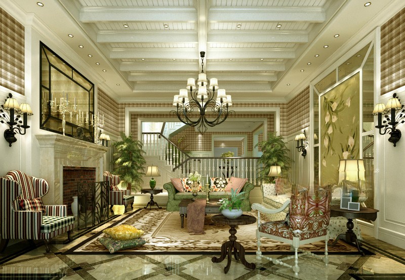 上海太湖锦园500平美式乡村风格别墅客厅装修效果图