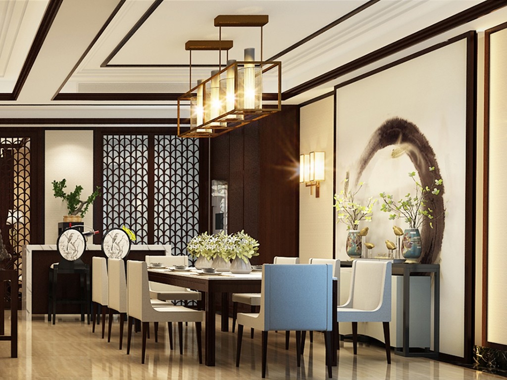 杨浦区上海院子400平新中式风格独栋别墅餐厅装修效果图