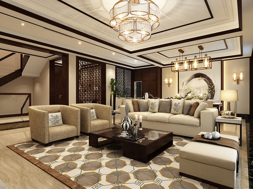 杨浦区上海院子400平新中式风格独栋别墅客厅装修效果图