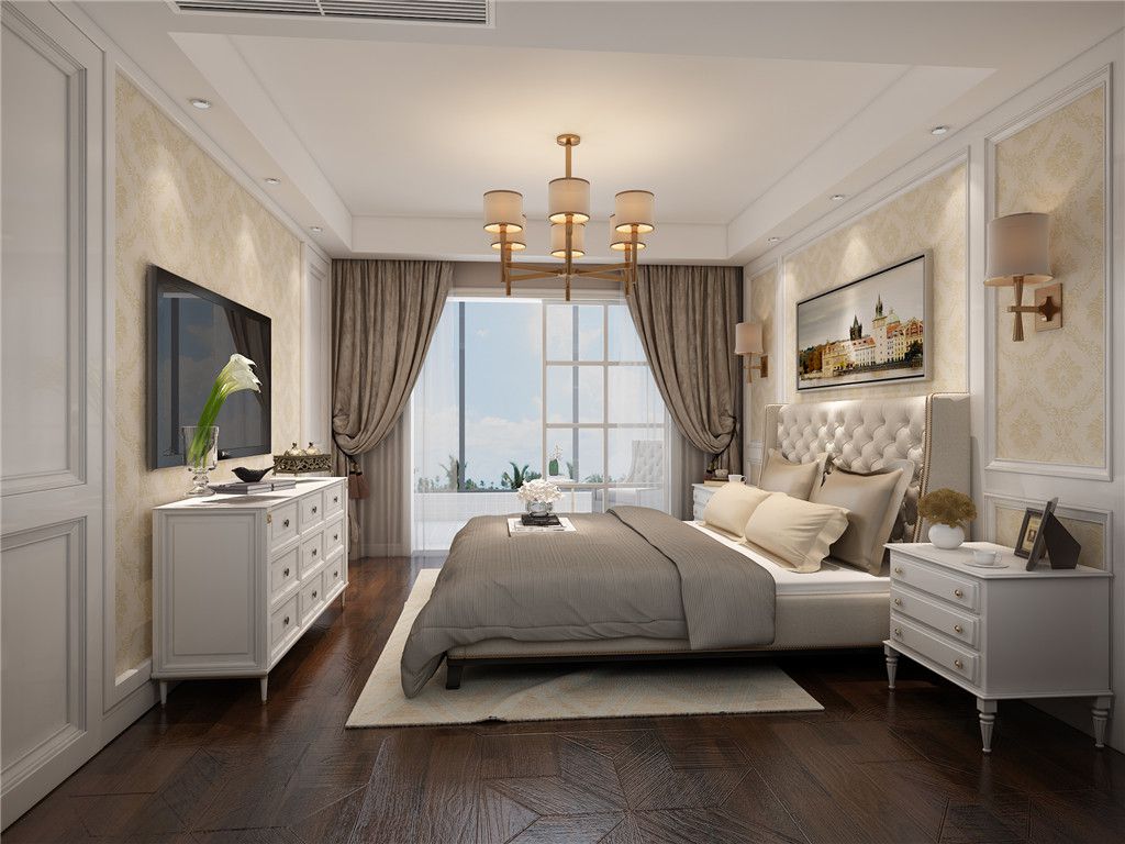 崇明区东滩花园四期300平美式风格独栋别墅卧室装修效果图