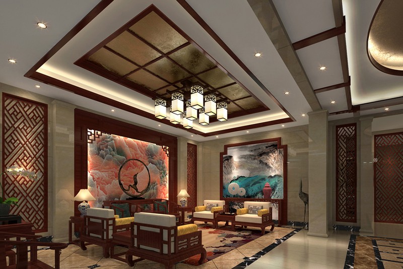 上海南郊中华花园350平新中式风格别墅客厅装修效果图