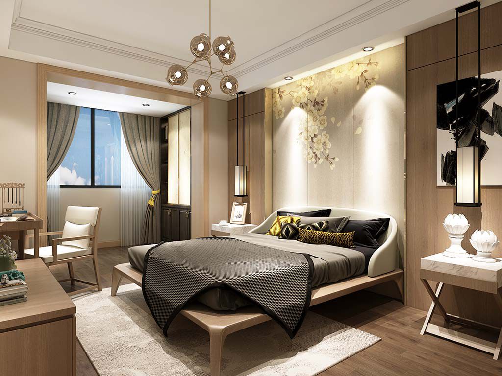 闵行区明物大厦120平新中式风格公寓卧室装修效果图