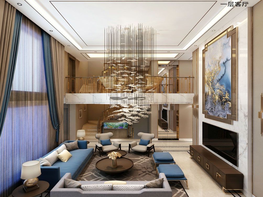 松江区法兰西世家450平现代轻奢风格独栋别墅客厅装修效果图