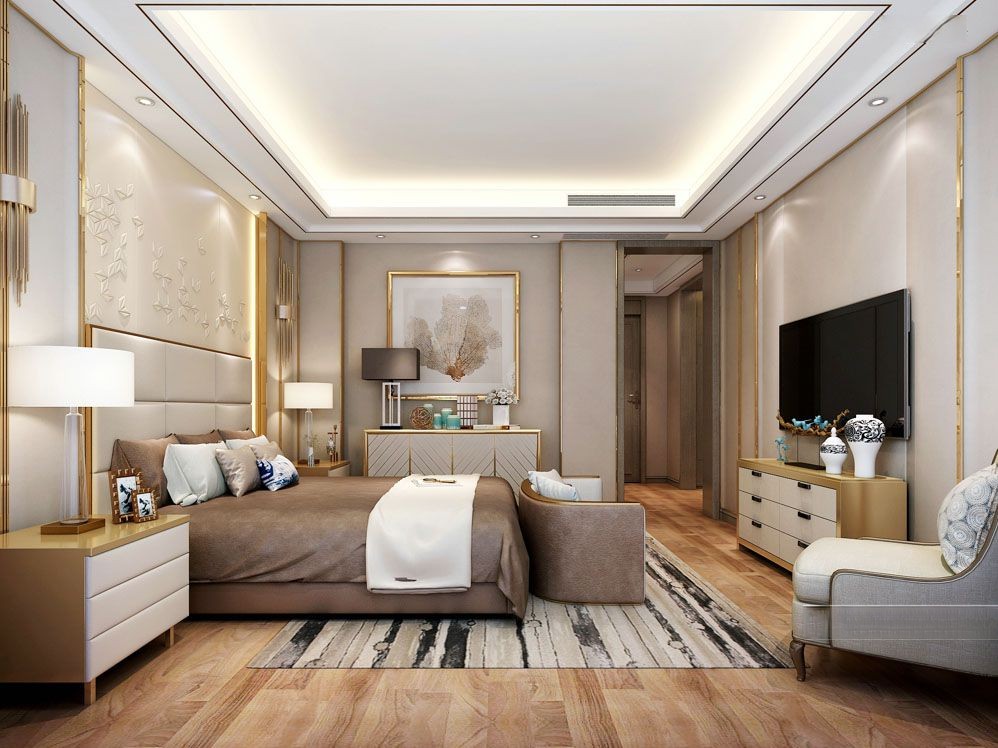 松江区法兰西世家450平现代轻奢风格独栋别墅卧室装修效果图