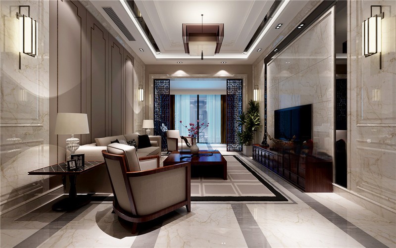 上海云间绿大地400平新中式风格四居室客厅装修效果图