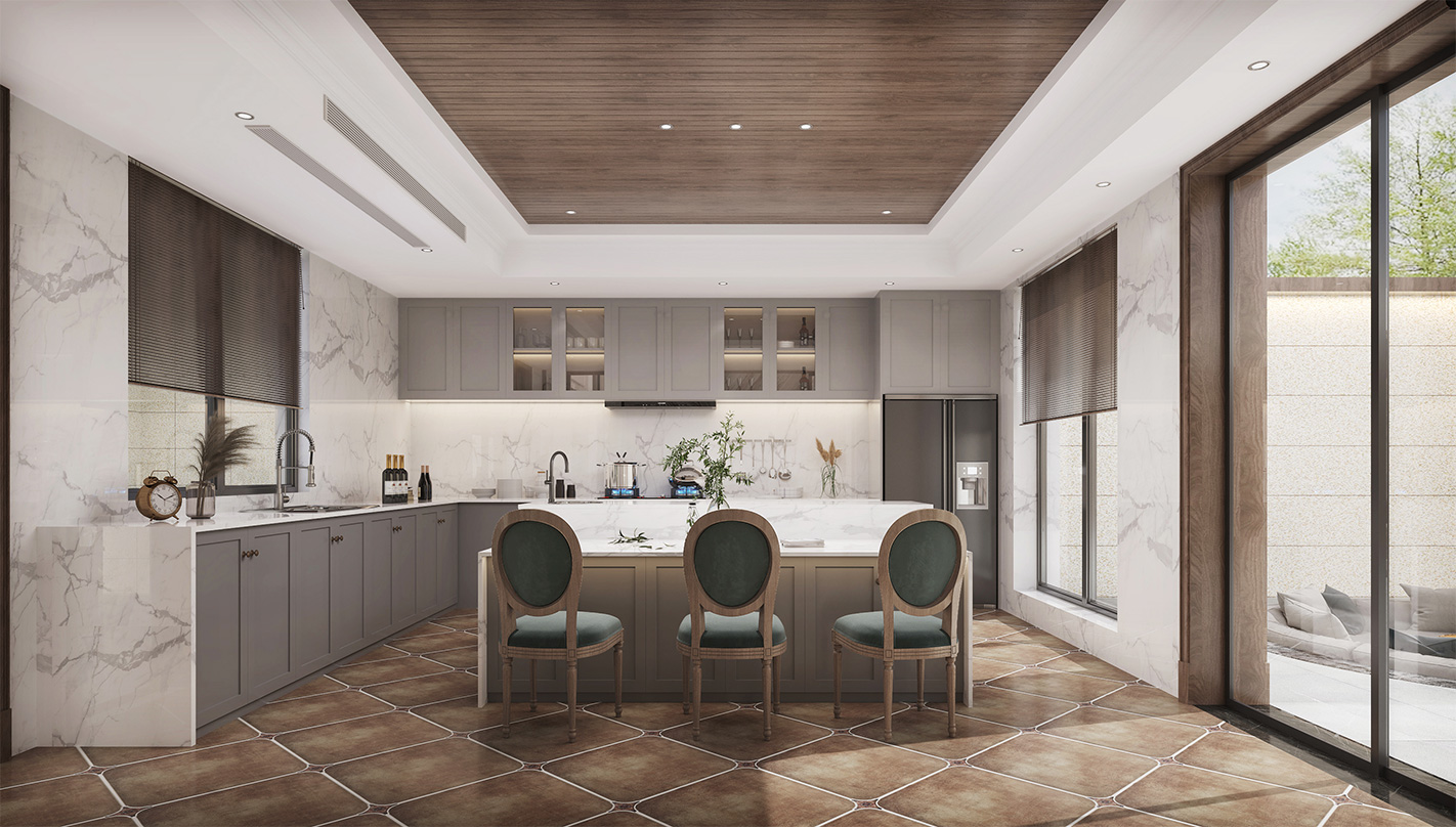 启东绿地长岛500平美式风格独栋别墅厨房装修效果图
