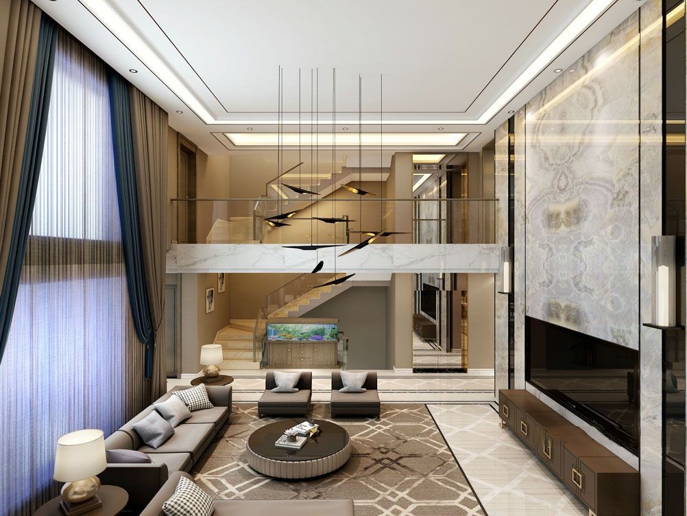 松江区法兰西世家500平现代轻奢风格独栋别墅客厅装修效果图