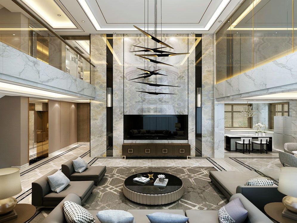 松江区法兰西世家500平现代轻奢风格独栋别墅客厅装修效果图