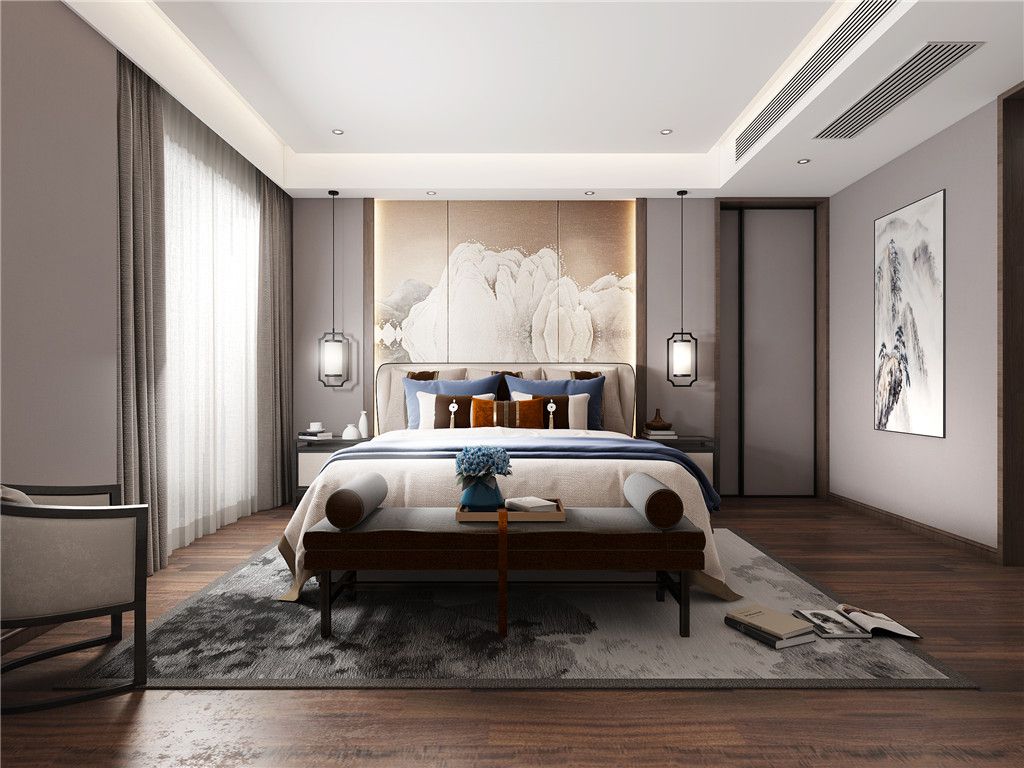杨浦区尚浦名邸500平新中式风格独栋别墅卧室装修效果图