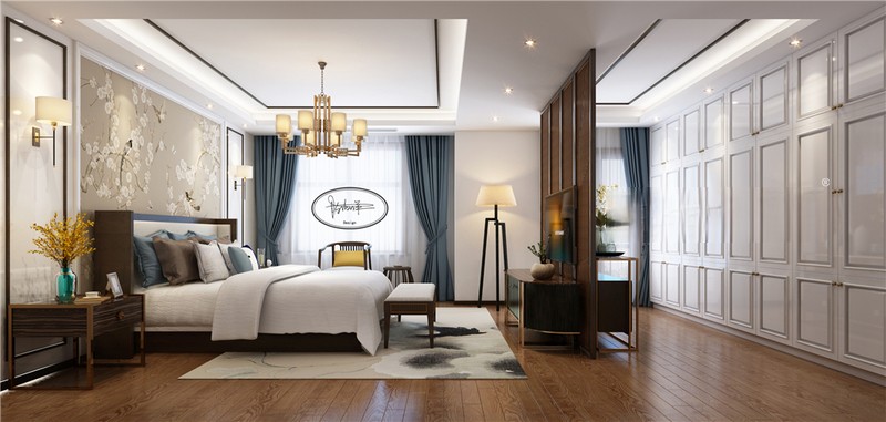 上海颐景园320平新中式风格别墅卧室装修效果图