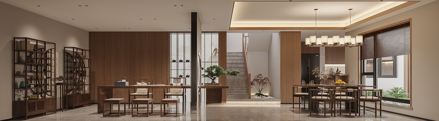 闵行区复地北桥城250平新中式风格联排别墅茶室装修效果图