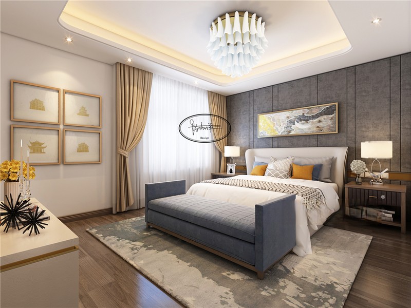 上海颐景园320平新中式风格别墅卧室装修效果图