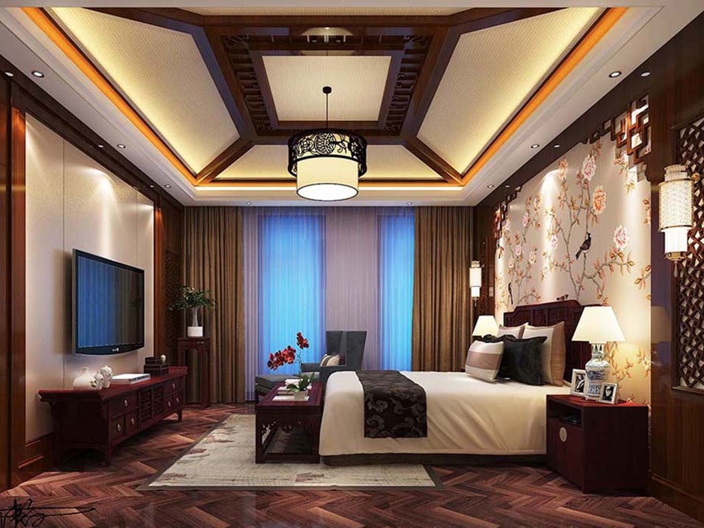 金山区1200平新中式风格独栋别墅卧室装修效果图