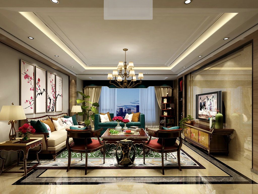 杨浦区建发珑庭186平新中式风格大平层客厅装修效果图