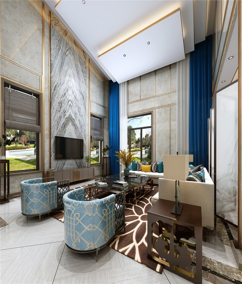上海光明御品400平新中式风格别墅客厅装修效果图