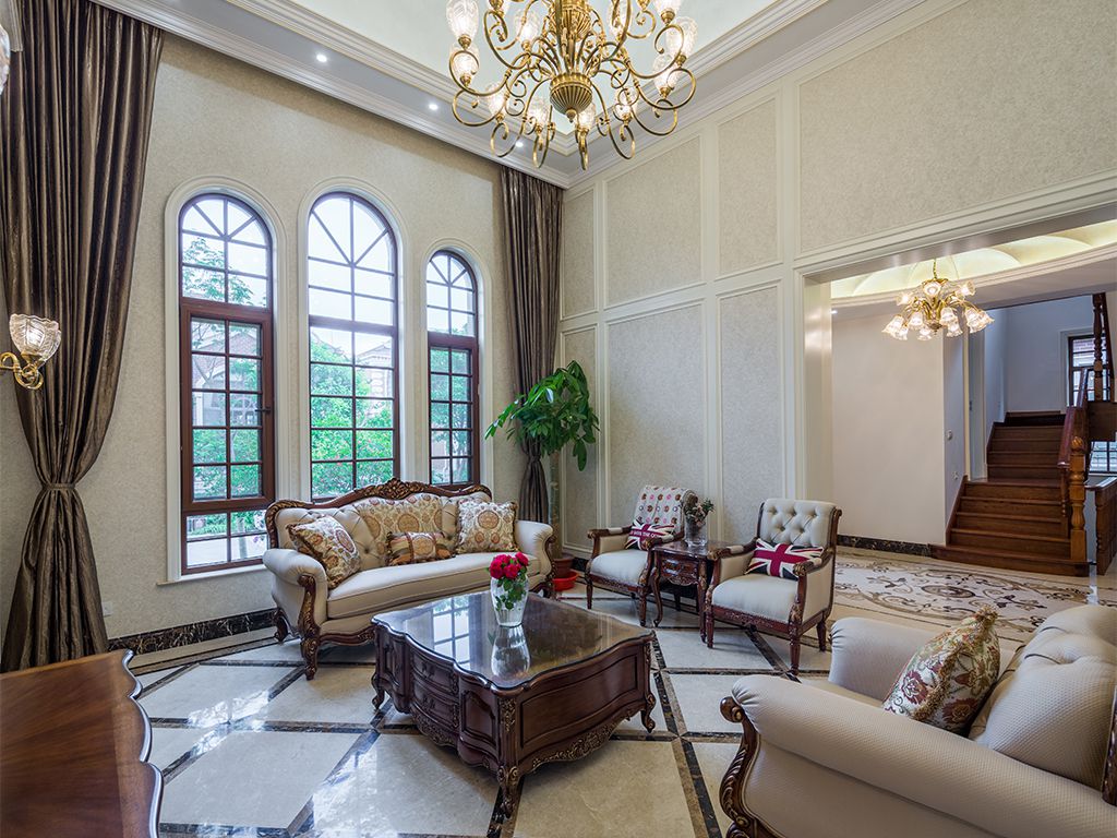 浦东东郊紫园450平美式风格独栋别墅客厅装修效果图